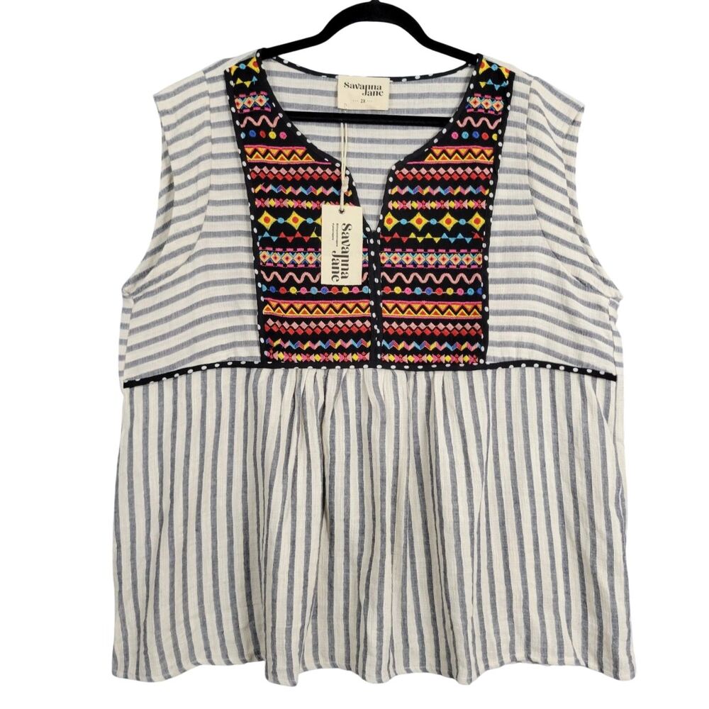 NWT SAVANNA JANE P18381 Striped Embroidered Yoke Boho Sleeveless Top SIZE 2X